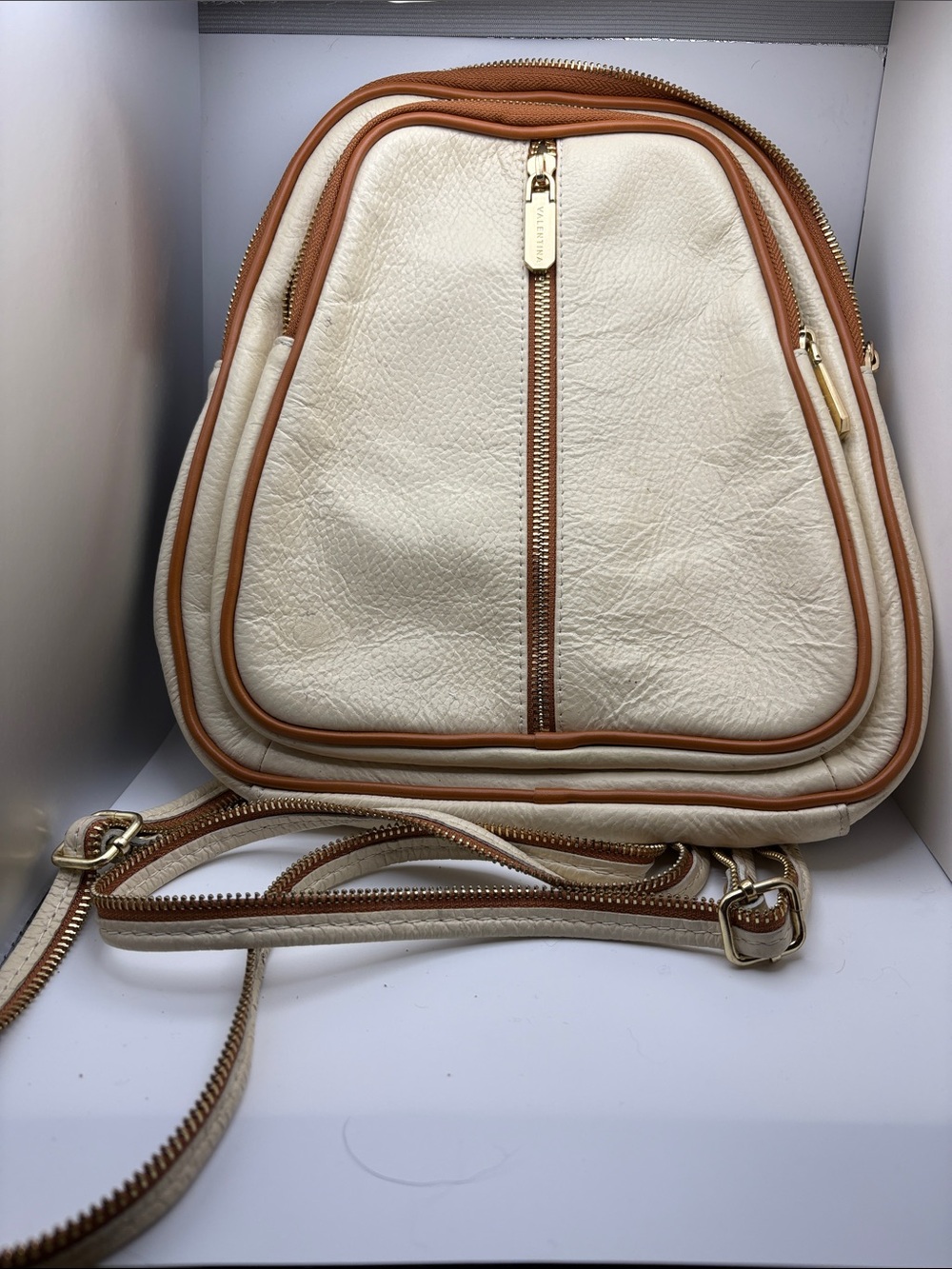 Valentina Cream and Tan Leather Backpack Crossbody